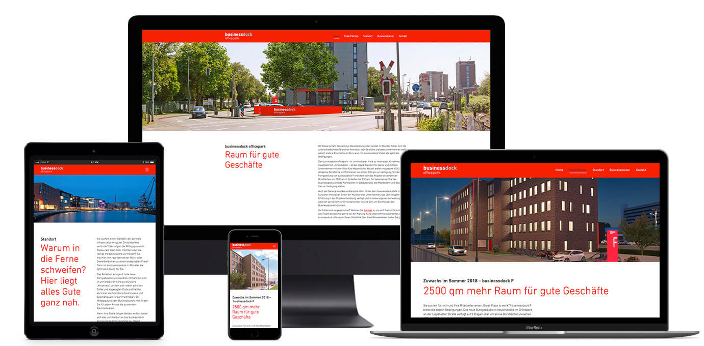 Responsive Ansichten der neuen businessdock officepark Website von georg design Münster
