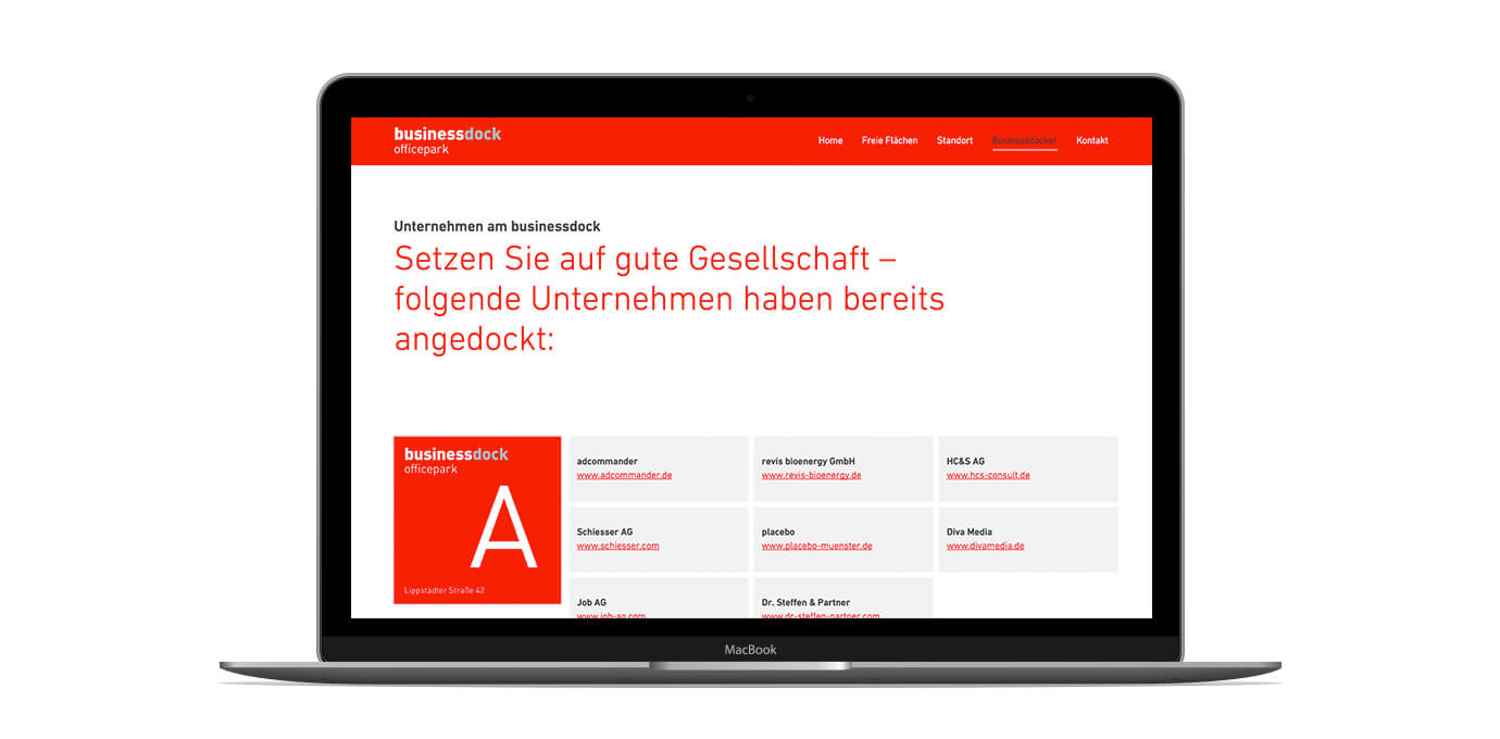 Desktopansicht der neu gestalteten responsiven Website für das businessdock officepark Münster