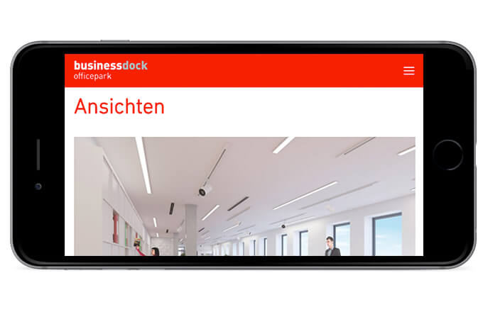 Responsive Ansicht der neuen businessdock officepark Website auf einem Smartphone in der Landscapeansicht