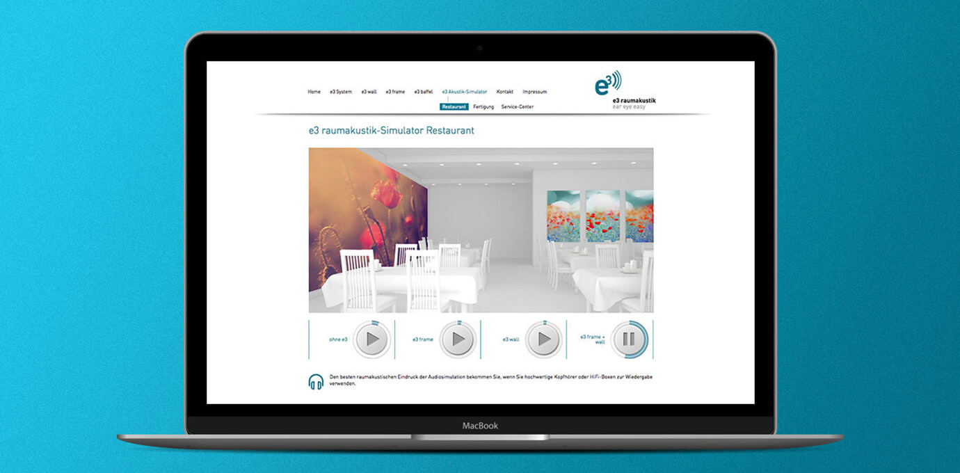 Desktopansicht der e3 Raumakustik Website