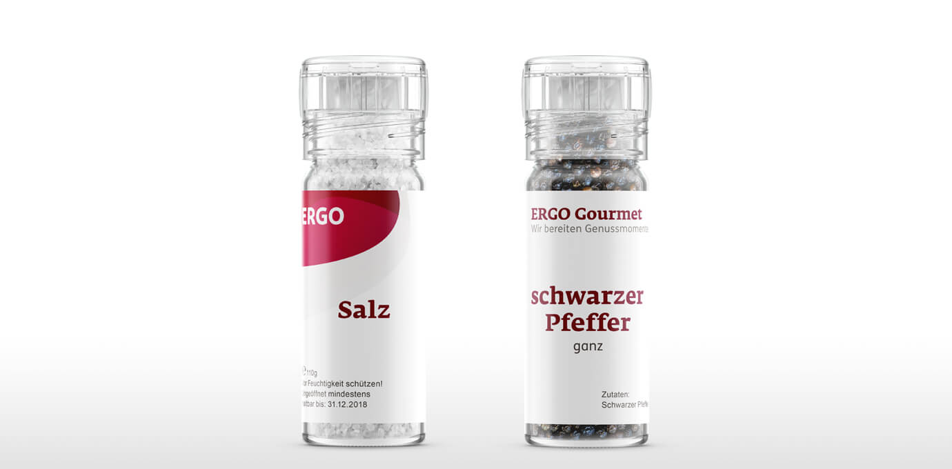 Label für Salz- und Pfeffermühlen für die Kantinen der ERGO Gourmet im neuen Corporate Design
