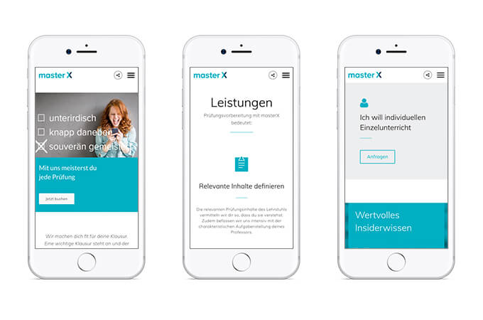 Responsive Ansichten der neuen master X Homepage entwickelt von georg design aus Münster auf drei Smartphones