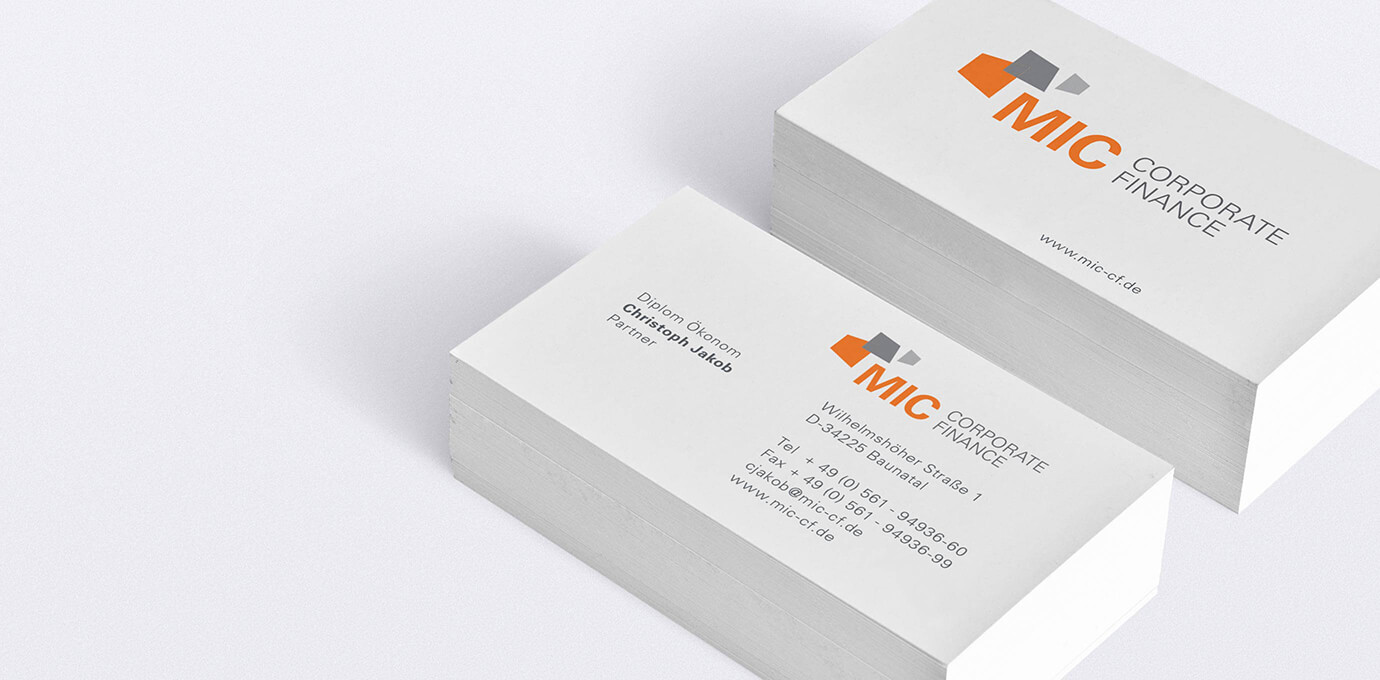 Neu gestaltete Visitenkarten der MIC Corporate Finance